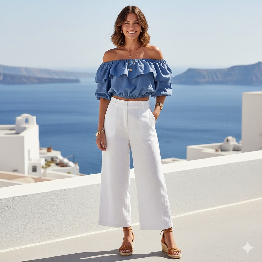 #018 Off-shoulder Denim Ruffle Top - Picture 5 of 8